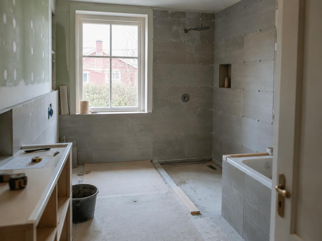 Badrum under renovering i ett villahus